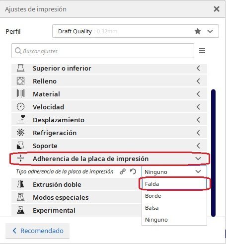 Activar Falda en Cura