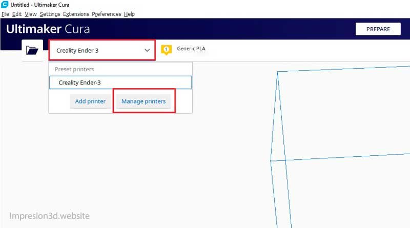 Como cambiar el tamaño de la boquilla en Cura-manage printers